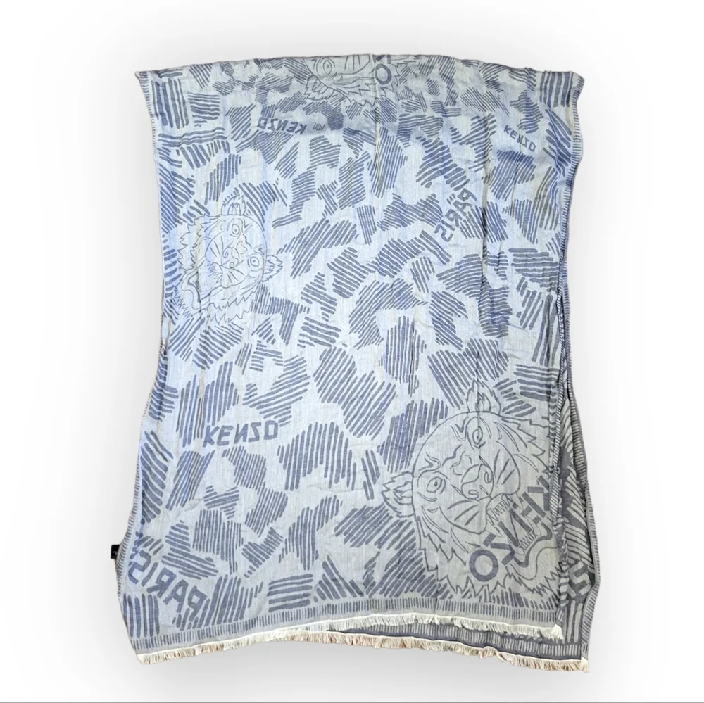 KENZO Paris Blue Tiger Head Silk Cotton Scarf